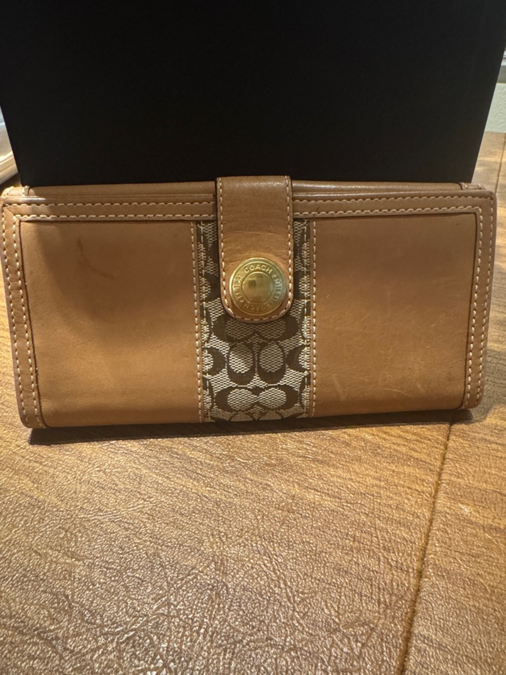 Coach Brown Signature Stripe Leather Continental Wallet with Gold-Tone Snap